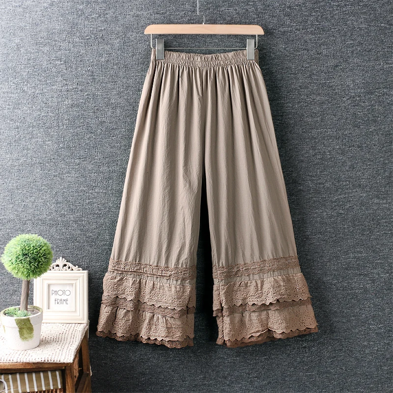Summer Sweet Lolita Multi Layer Lace Embroidery Hem Wide Leg Pants Women Japan Style Elastic Waist 100% Cotton Pants Underpants