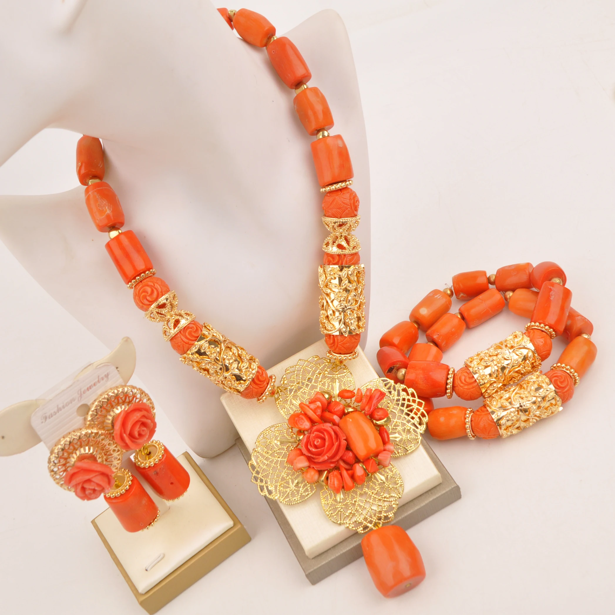 

Orange Real Coral Beads Jewelry Set for Women