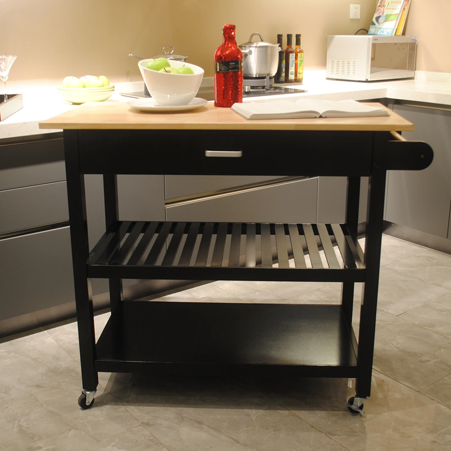 

Mobile Kitchen Island with Lockable Wheels, Rubber Wood Top, Black Color - Perfect for Parties!