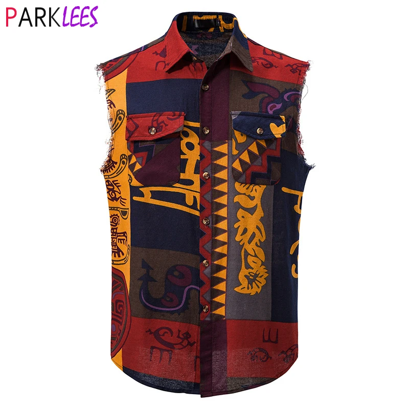 Men\'s African Print Sleeveless Hippie Shirt Casual Button Down Cowboy Cotton Vest Shirt Men Hip Hip Traditional Dashiki Clothing