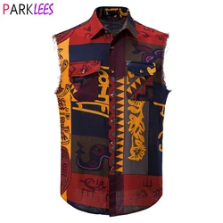 Men's African Print Sleeveless Hippie Shirt Casual Button Down Cowboy Cotton Vest Shirt Men Hip Hip Traditional Dashiki Clothing