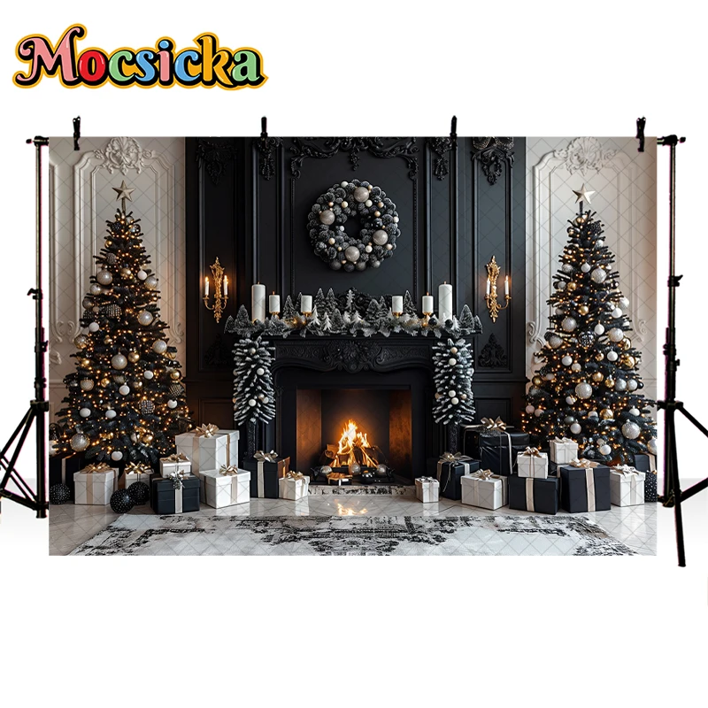 Mocsicka Xmas Indoor Fireplace Background Photography Christmas Tree Garland Decor Child Adult Family Photo Backdrop Studio