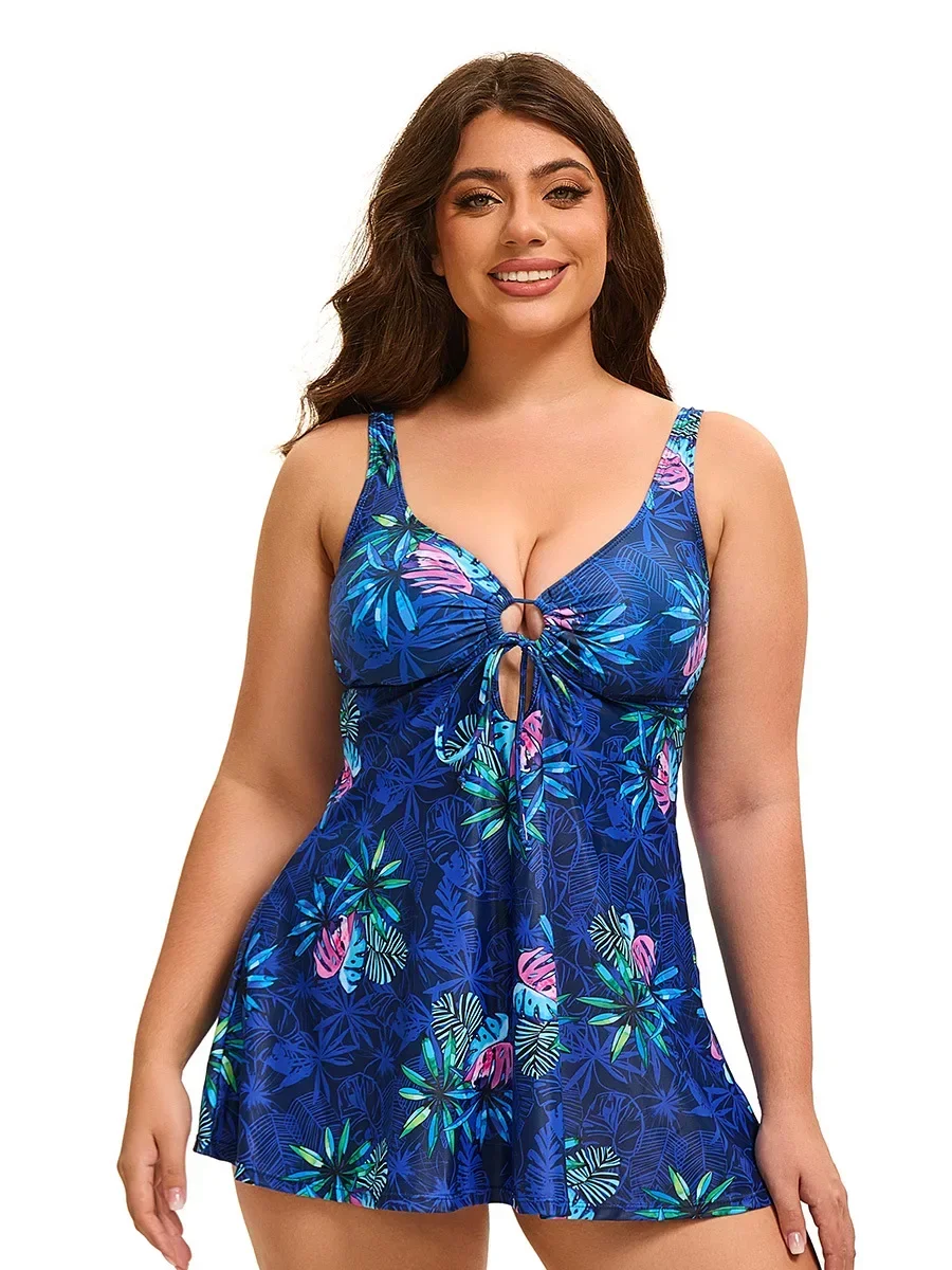 

Women's Large Size Swimsuit Blue Print Dress Split Swimwear V-neck Suspender Backless Beach Bikini Set Monokini 2025 New