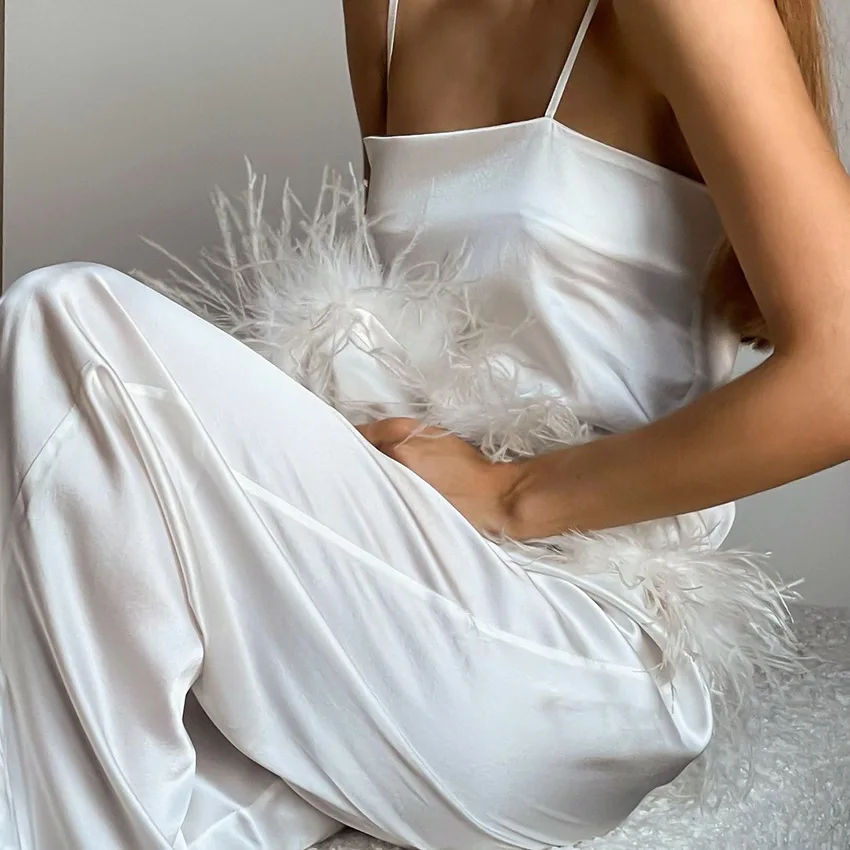 

Chic Satin Pajamas With Feathers Sleepwear Women Sets With Pants Black Spaghetti Strap Home Suit White Trouser Suits 2022