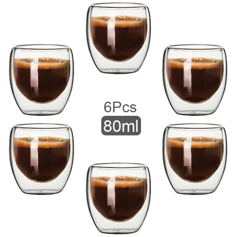 Double Wall Glass Cup Transparent Handmade Heat Resistant Tea Drink Cups Mini Whisky Cup  Centigrade Espresso Coffee Cup, 80ml