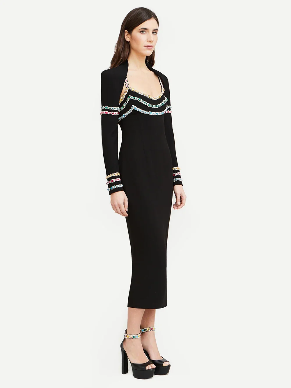 

2024 Summer New Women's 2-piece Sexy Long sleeved Colorful Diamond Bandage Midi Dress Bodycon Celebrity Party Cocktail Dress