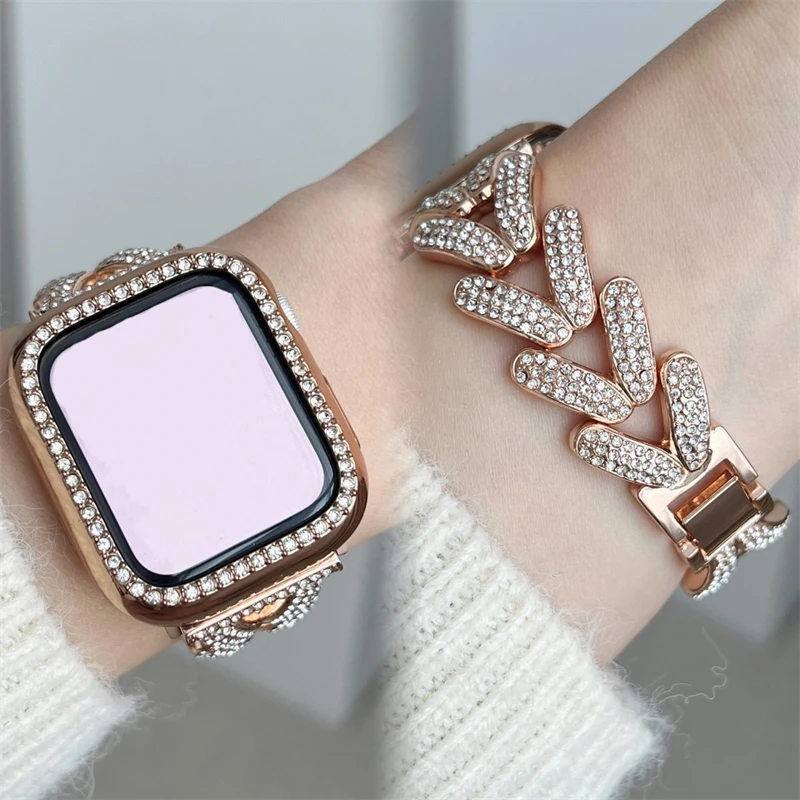 Luxury Glitter Diamonds Metal Bracelet Strap For Apple Watch Series 45mm 9 8 5 4 SE Ultra 2 Women Wristband For iWatch 40/44mm