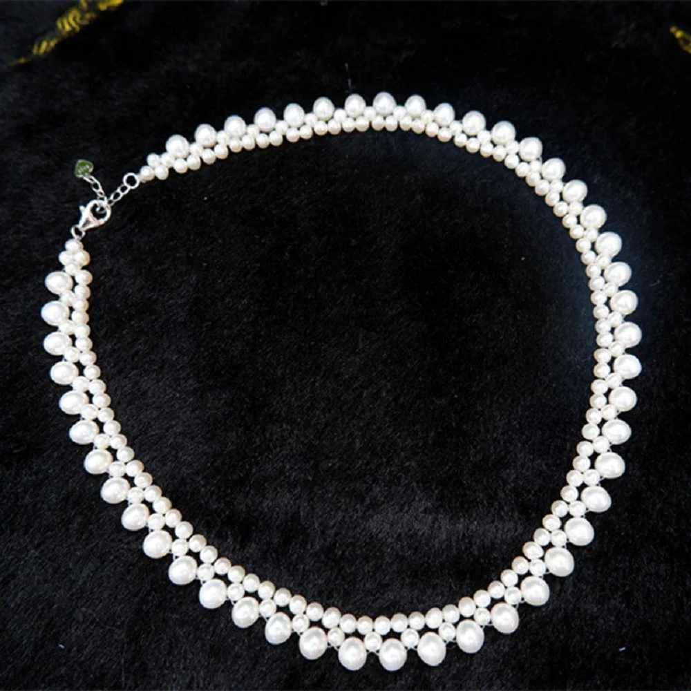 Hand woven pearl necklace AAAA3-7mm natural white pearl necklace 38cm chain silver extension buckle
