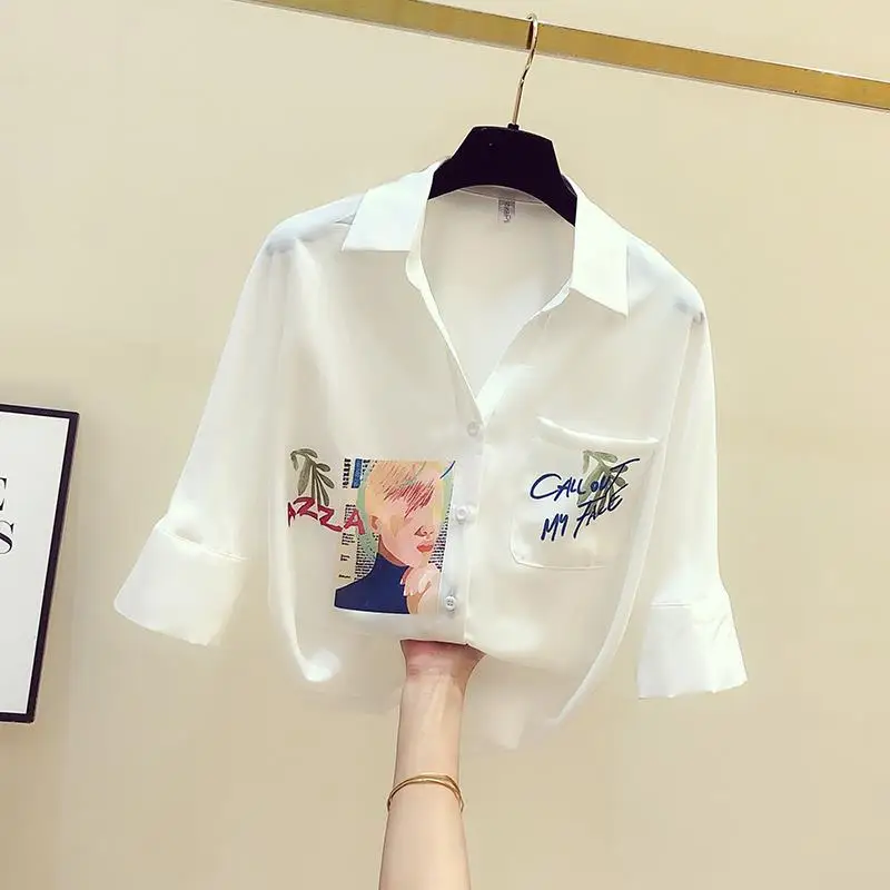 

Fashion Commute Summer New Chiffon Blouses Women Polo Collar Spliced Pocket Printed Chic Loose 3/4 Sleeve Single-breasted Shirts