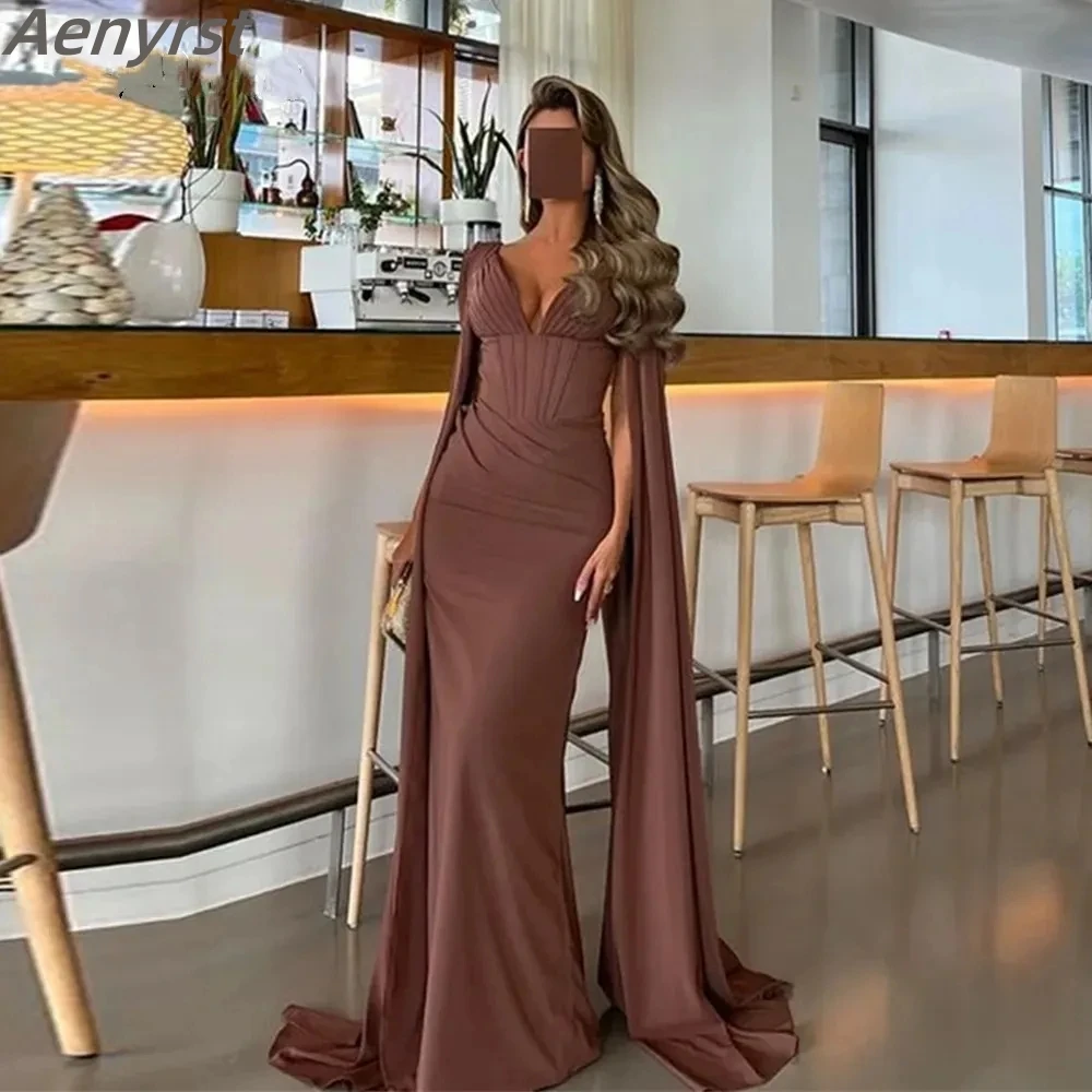 

Aenyrst Elegant Brown Chiffon Mermaid Evening Dresses Long Cape Sleeves V Neck Party Gown Pleat Dubai Arab Robe De Soirée Women