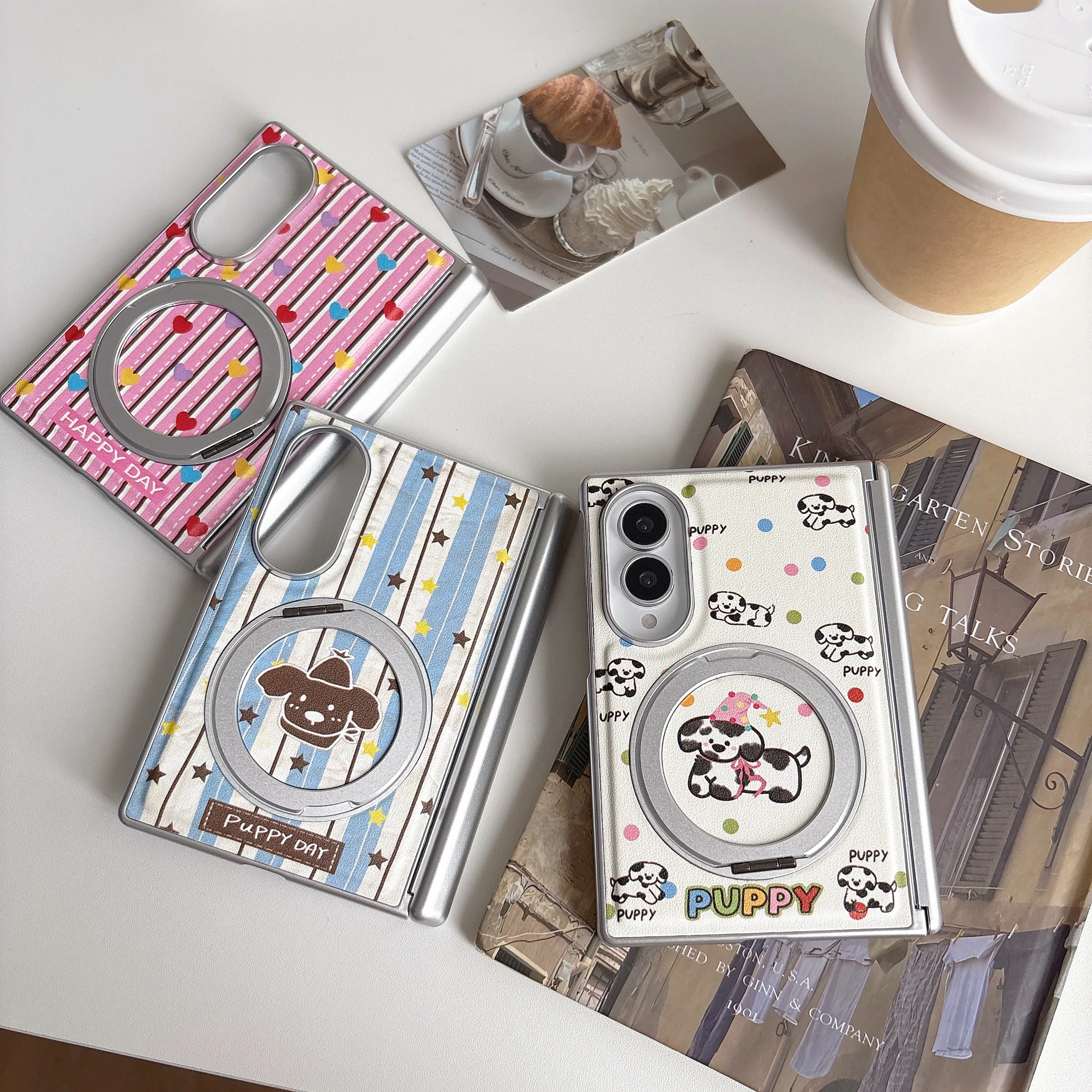 Kawaii Girly Cartoon Puppy Dog Stripe Heart Magnetic Case For Samsung Galaxy Z Fold8 Ultra Fold7 6 Shockproof Shell for Magsafe