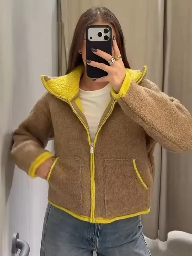 Podzimní ležérní bunda 2025, módní kontrastní barevný design s dlouhým rukávem a zipem pro ženy, streetwear, ležérní svrchní oblečení - náhled 2