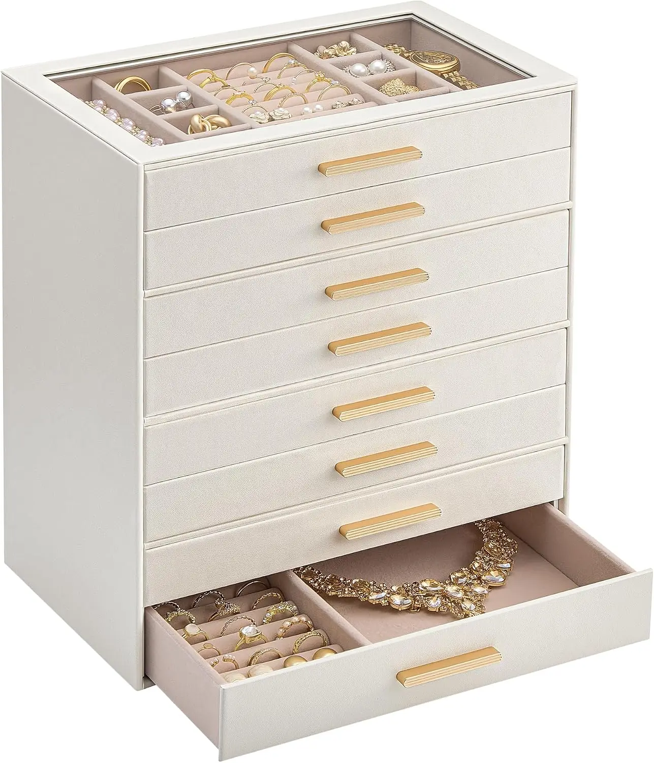 Jewelry Box Organizer, 8 Layer Faux Leather Jewelry Organizers And Storage Case With Glass Lid, Ring Earring Bracelet Necklace Holder Display Box for Dresser Vanity, Beige