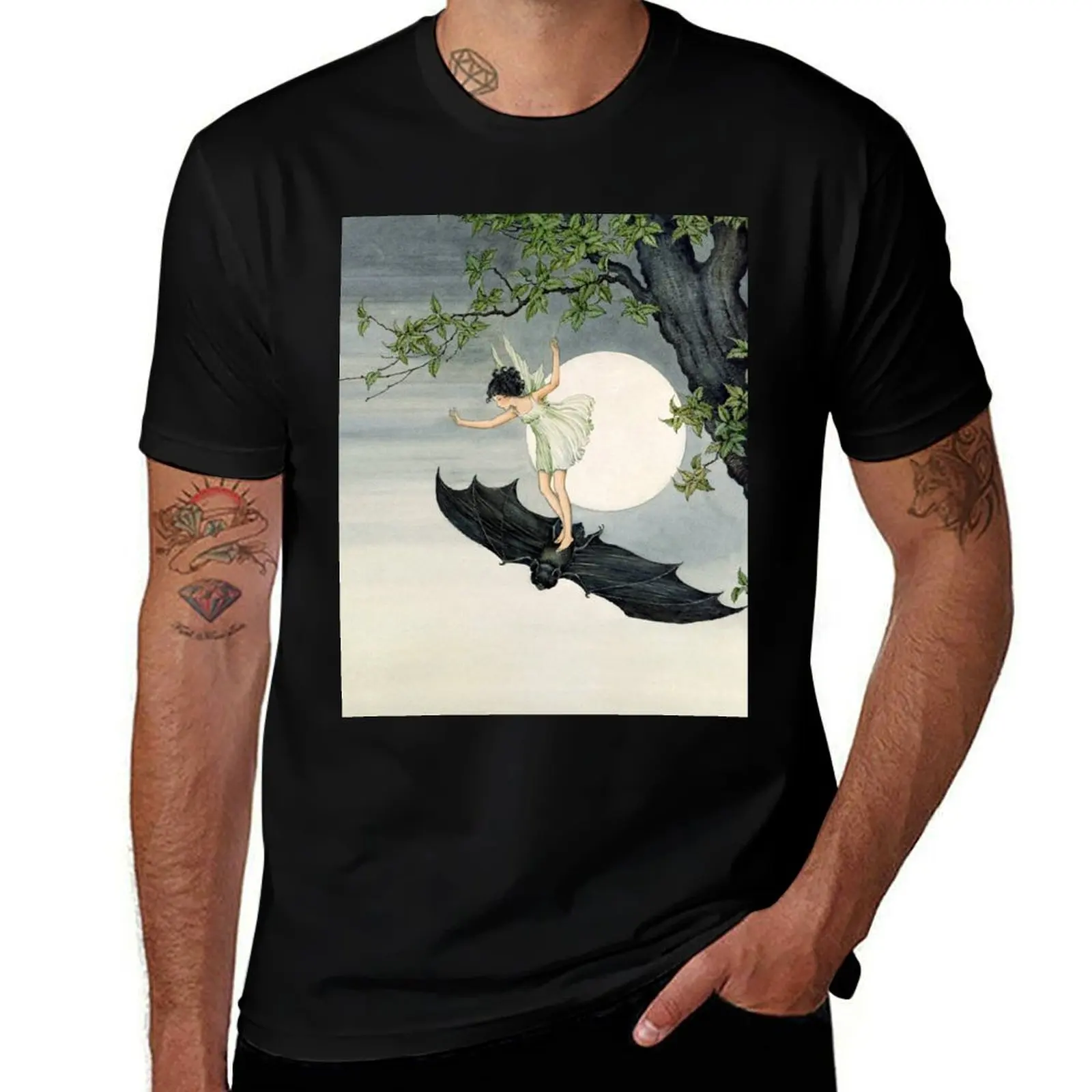 Little Fairy Girl Riding a Bat #2 - Ida Rentoul Outhwaite T-Shirt Holiday Vacation Tee Shirt T-Shirt