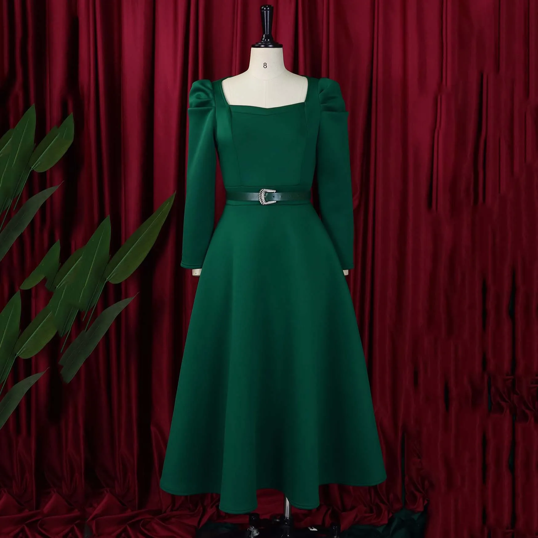 Vestido formal de negócios para mulheres, escritório profissional, elegante, decote em v, manga três quartos, cinto, cintura, meia panturrilha, traje de trabalho