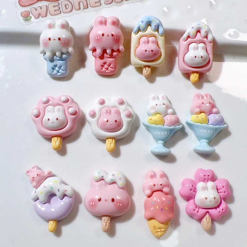 10 PCS New Cartoon Mini Resin Shiny Rabbit Ice Cream DlY Fashion Jewelry Mobile Phone Hairpin Decorative Accessories 036