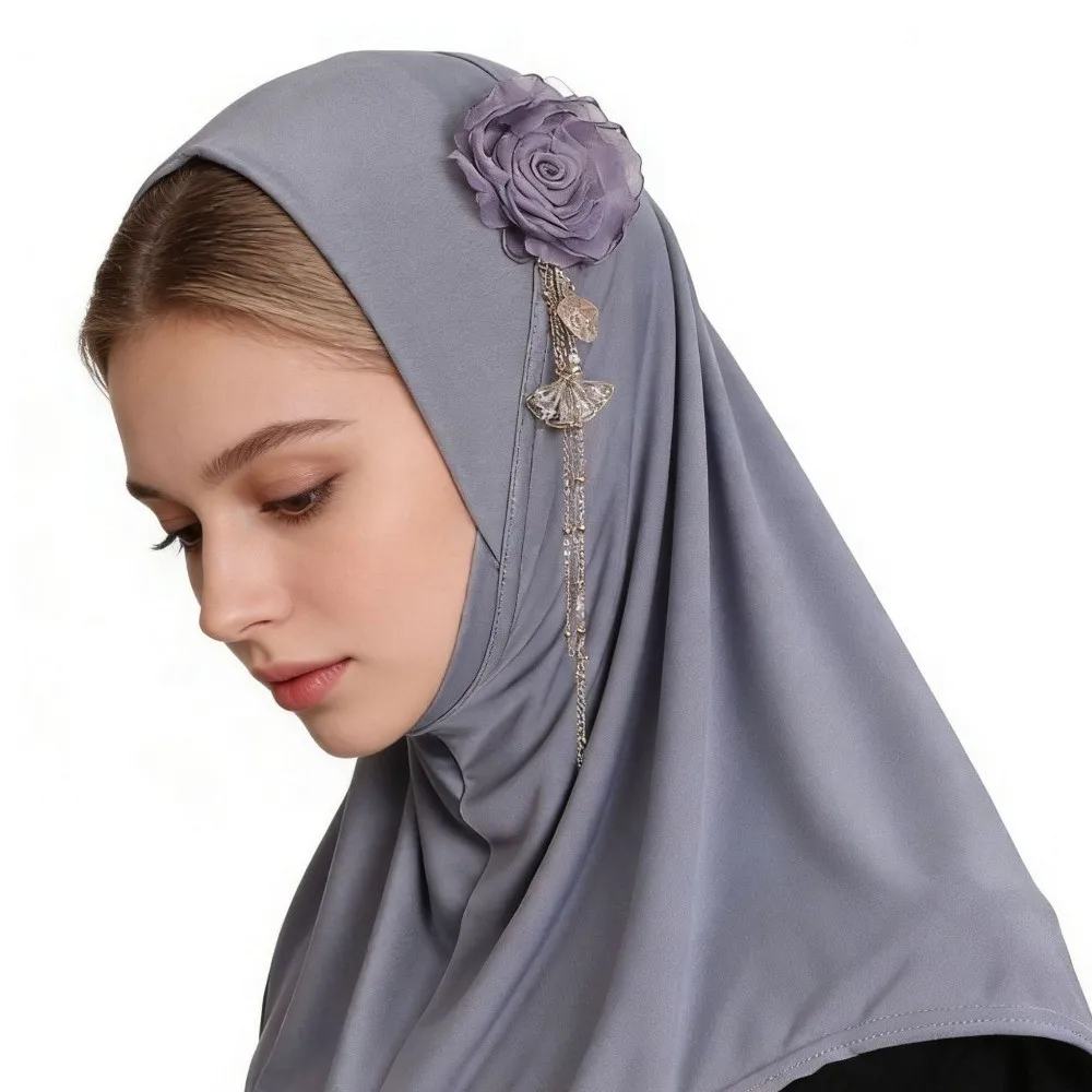 Exquisite Round Edge 3D Flower Tassel Hijab Stretch High-Elasticity Head Scarf Lightweight Solid Color Head Wrap Festival Prayer