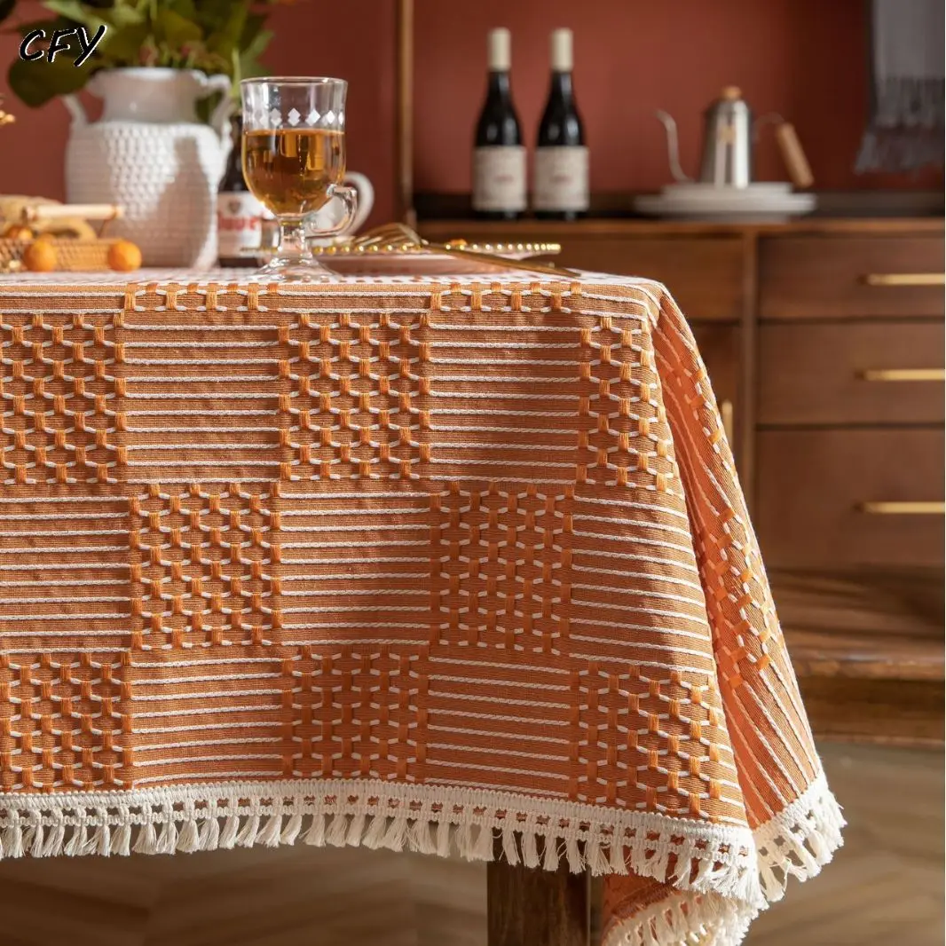 Cotton Linen American Orange Square Grid Thickened Rectangular Tablecloth Tea Table Pad Meal Cloth Photo Background Cloth