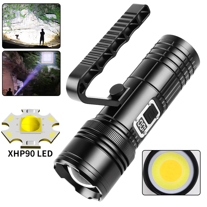 Strong Light Torch High Power LED Flashlight XHP90+COB Multi-light Source Lantern USB Rechargeable Portable Detachable Lamp