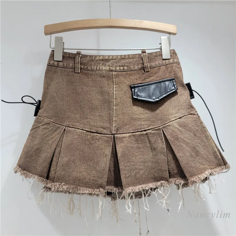 Coffee Color Denim Skirt Retro Old and Thin Rough Edge Spice Girl Design Washed High-end Jean Skirts for Women Ladies