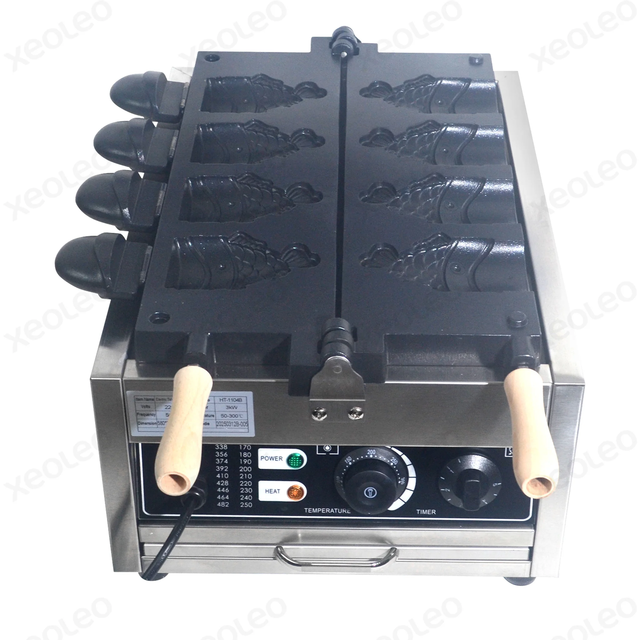 XEOLEO Electric Taiyaki Maker 3000W 4PCS Open Mouth Ice Cream Fish Shape Waffle Maker Non-Stick Fish Shaped Bun Machine