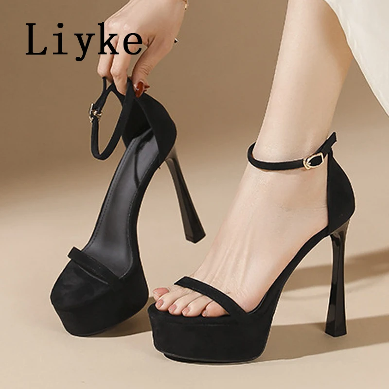 Liyke Sexy Black Silver Patent Leather High Heels Platform Sandals For Women Fashion Buckle Strap Open Toe Party Dress Shoes