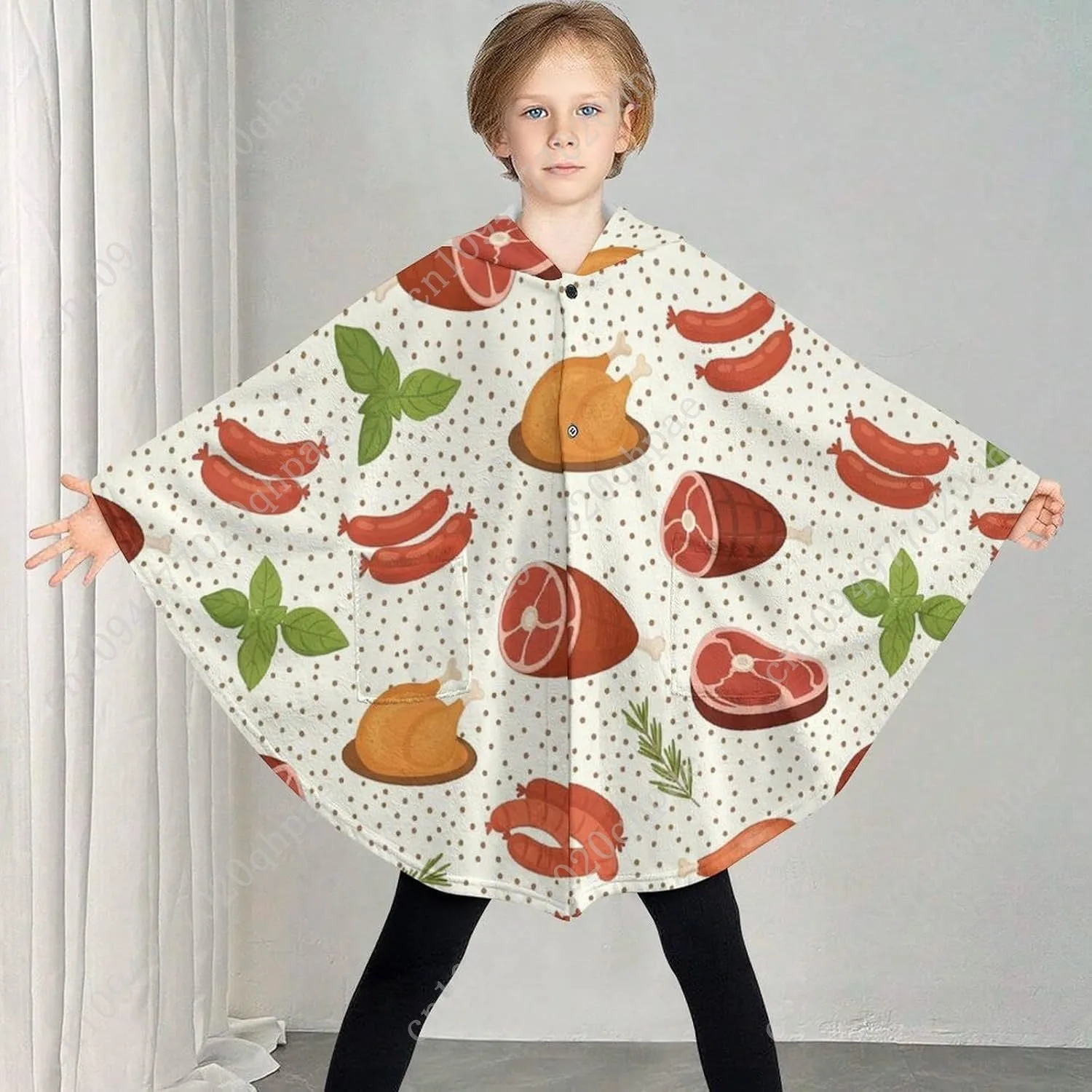 سترة بطانية مريحة من الفلانيل، هوديي كبير الحجم بنمط منتجات اللحوم مع جيوب للأطفال والمراهقين #2