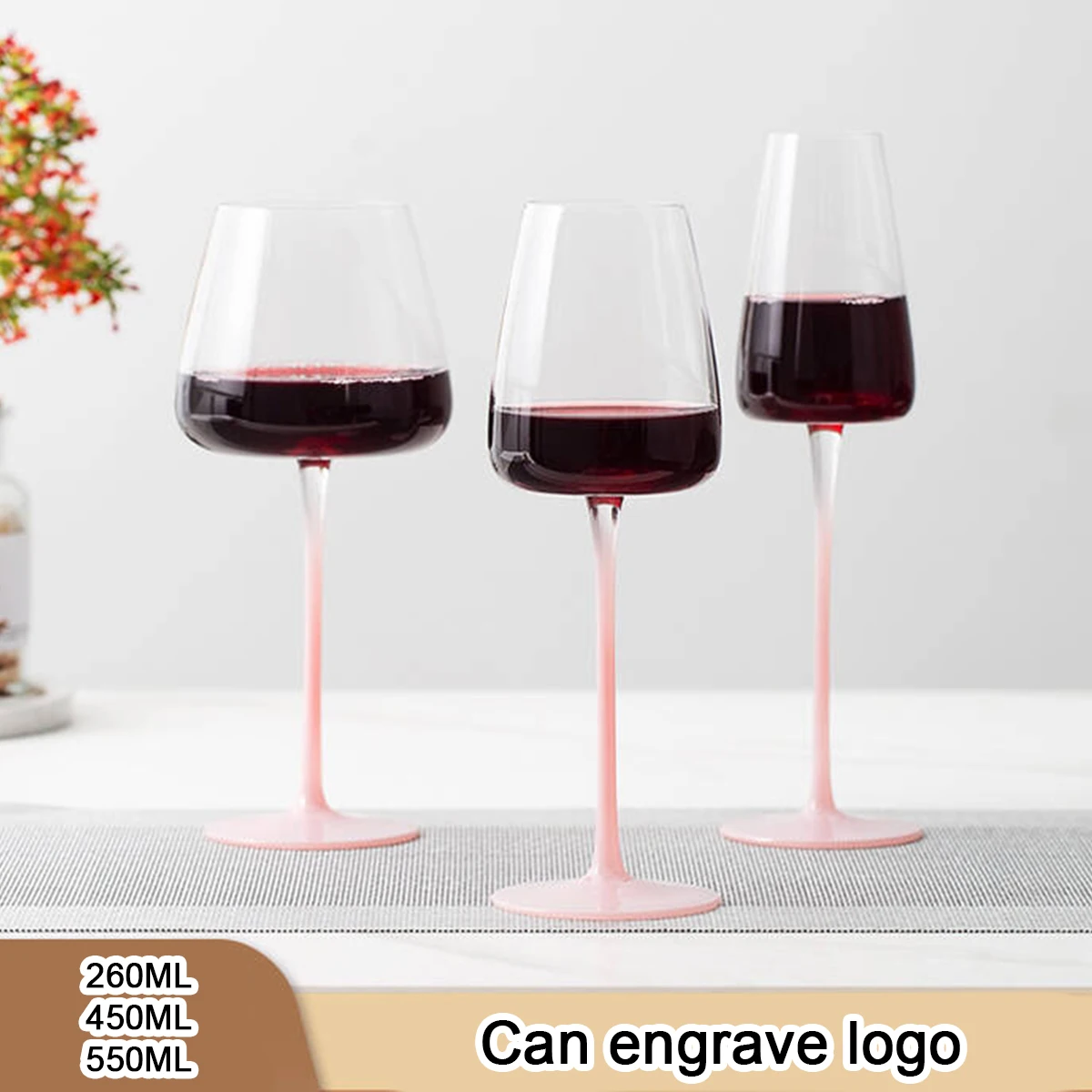 (Can Engrave Logo) 260/450/550ML Large Capacity Crystal Glass Pink Red Wine Goblet, Wedding/Bar/Home/Party Champagne Glass