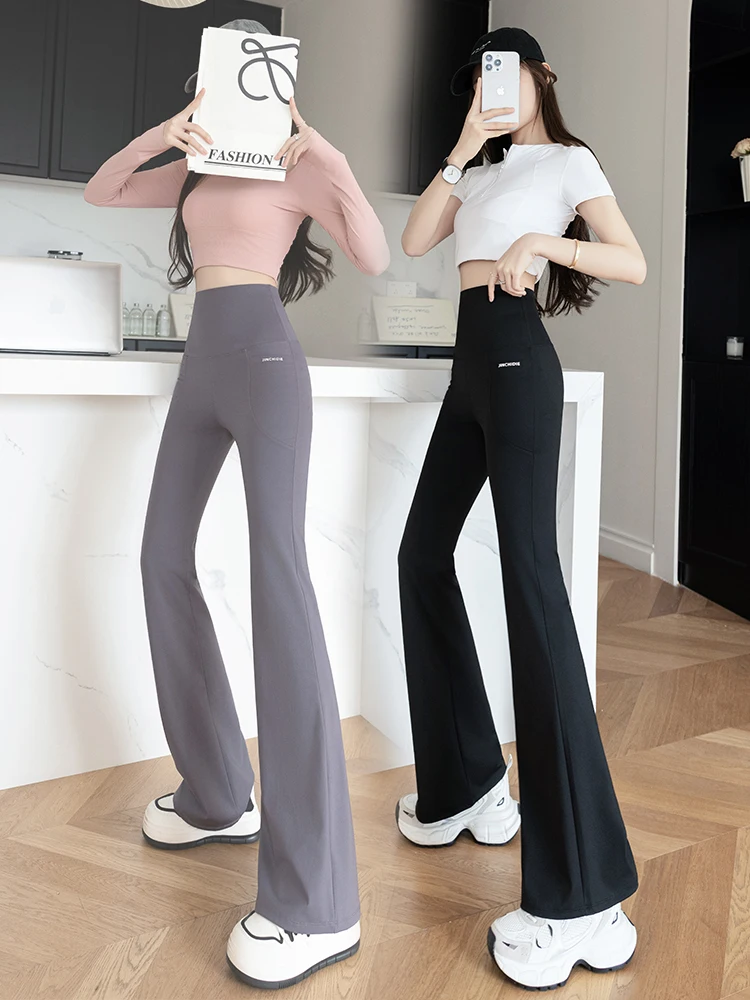 Egmg Women's High Waist Yoga Pants ark Mouth Flared kets Autumn Winter New Outerwear Bot Long Trousers