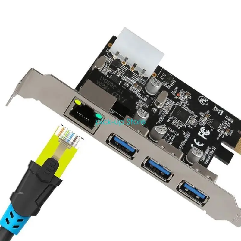 Q5WA PCI-E إلى USB 4 منافذ (4 USB3.0 +1 بطاقة توسيع RJ45 PCI E بطاقة محول USB