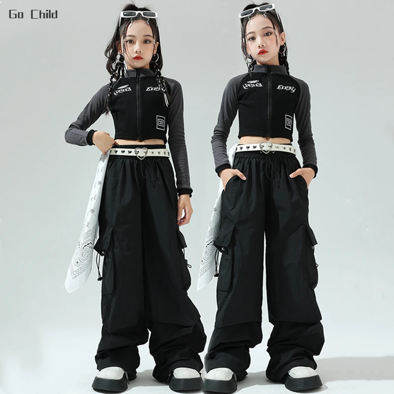 Girls Hip Hop Cropped Jacket Loose Cargo Pants Clothes Sets Children Street Dance Short Coat Kids Streetwear Jazz Stage Costumes