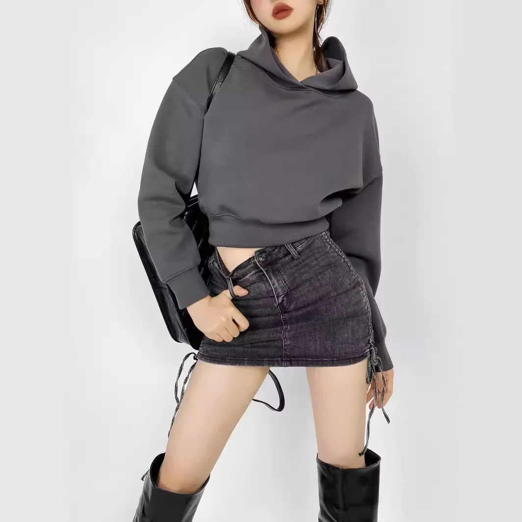 Sudadera corta con capucha para mujer, Top holgado de manga larga, estilo perezoso, Hottie americano, primavera y otoño, nuevo