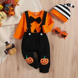 Qunq 2023 Autumn Boys Girls Halloween Costume Print Romper + Suspender Pants And Cap 3 Pieces Set Causual Kids Clothes Age 1T-3T