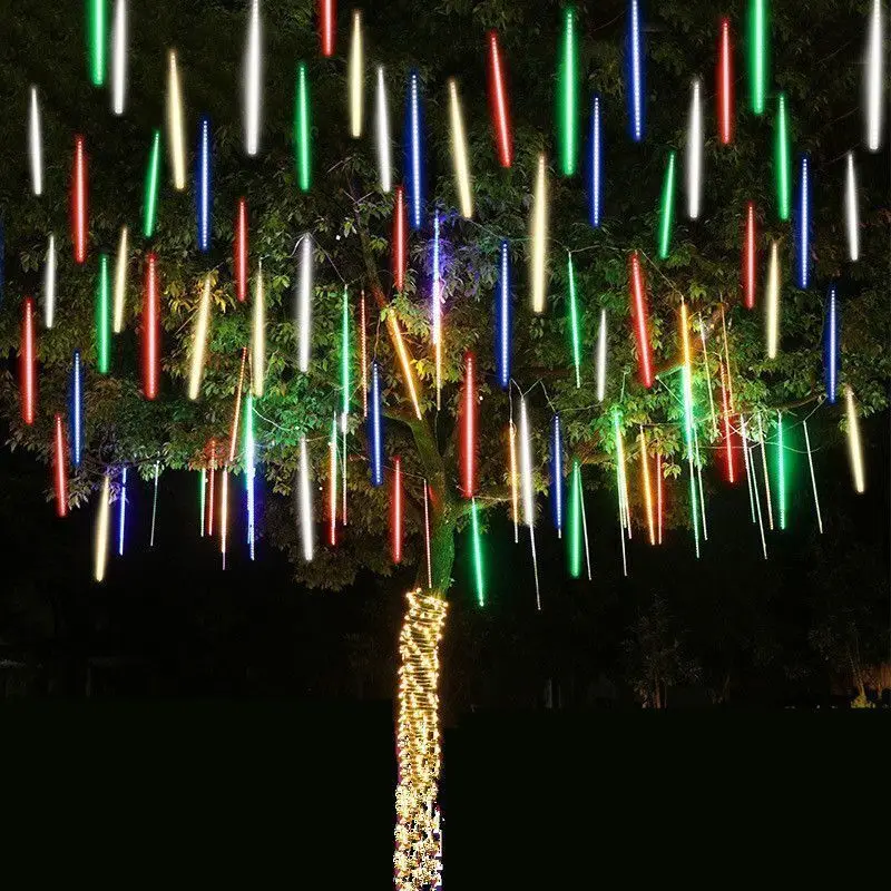 Luces de lluvia que caen al aire libre, 8 tubos, enchufe de EE. UU./UE, luces de lluvia de meteoritos para árbol de Navidad, Patio, porche, decoración de techo, 1 paquete