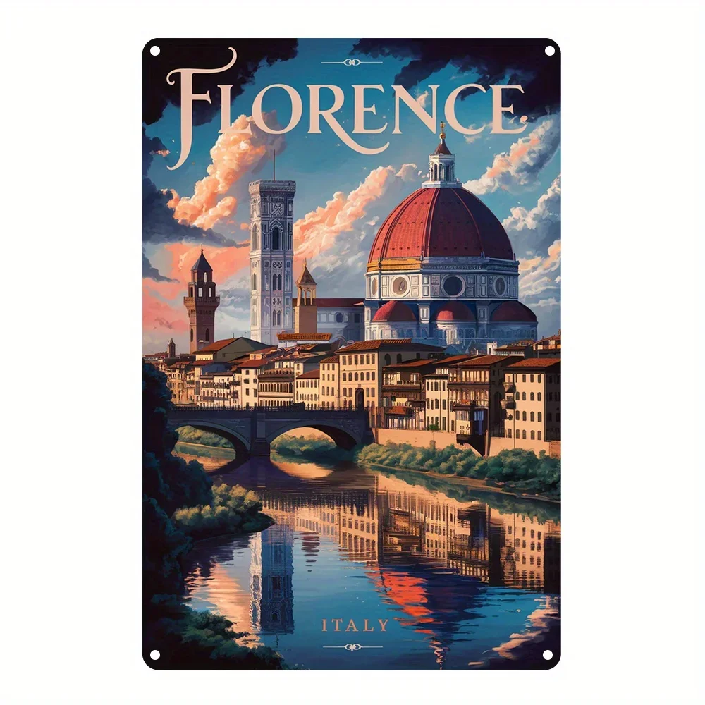 2D Flat, Vintage Florence Italy Aluminum Wall Art Sign Retro Style Decor with Iconic Duomo & Bell Tower Illustration