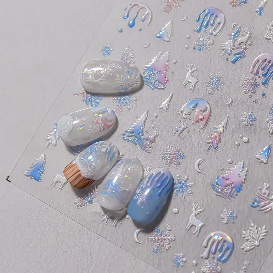 1 stks Blauwe Kerst Nagelstickers Shell Licht Nail Art Decoratie Stickers Gemengde Aurora Sneeuwveld Elanden Lijm Slider Leuke Onderdelen