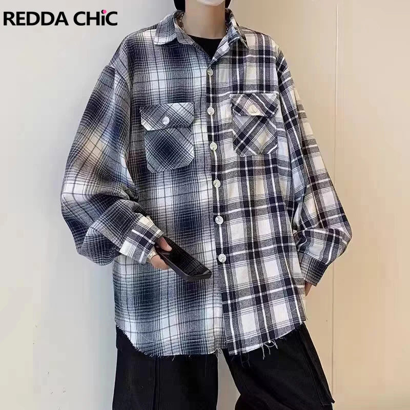 

REDDACHIC винтажная клетчатая рубашка с длинными рукавами и карманами, мужская однобортная блузка с асимметричными лацканами, топ, повседневная осенняя верхняя одежда