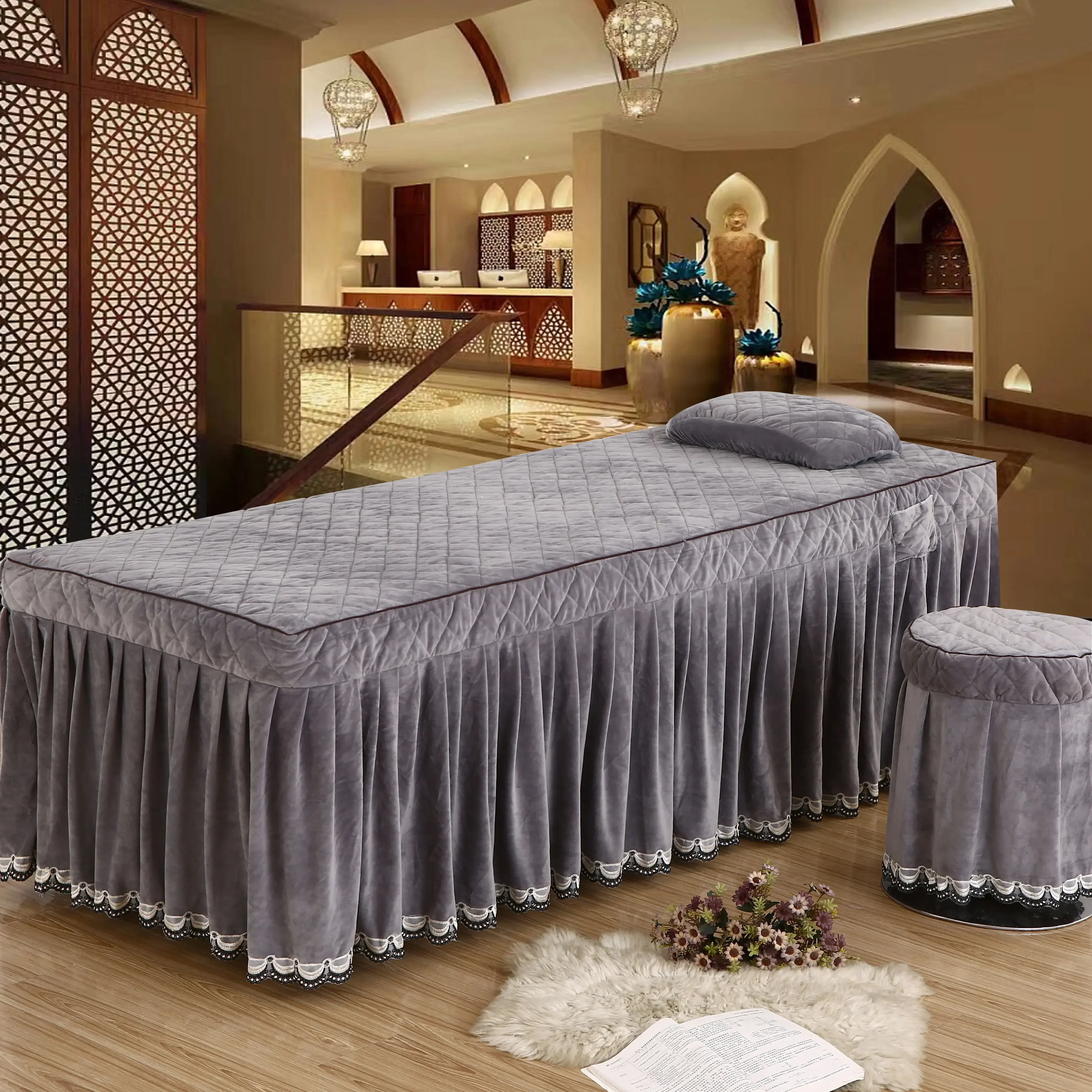 Crystal Velvet 2pcs Set Beauty Salon Bed Skirt+ Pillowcase SPA Skin-Friendly Massage Table Bed Cover Sheet Bedskirt with Hole
