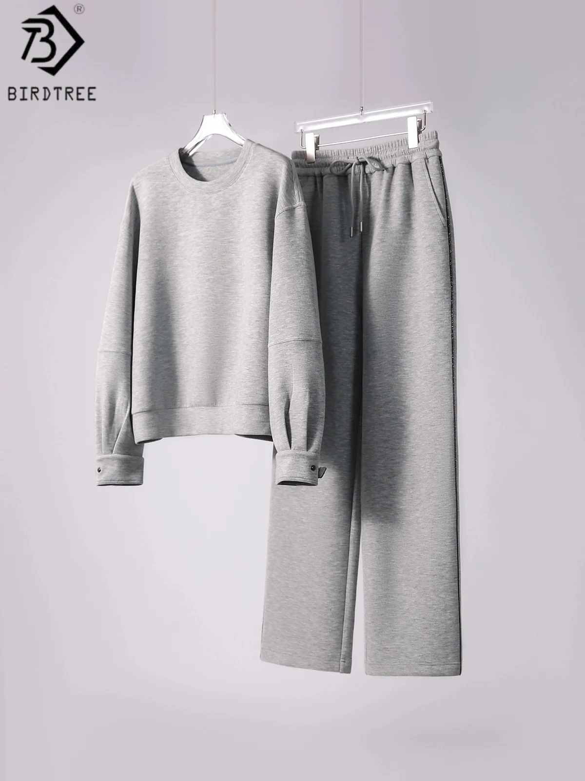 

BirdTree 2% Sheep Wool 15.5% Cotton Sweatshirt Sweatpants,Women Autumn Wool Blend Shirt Pants,Long Sleeve Tops Pants SetT58941JF