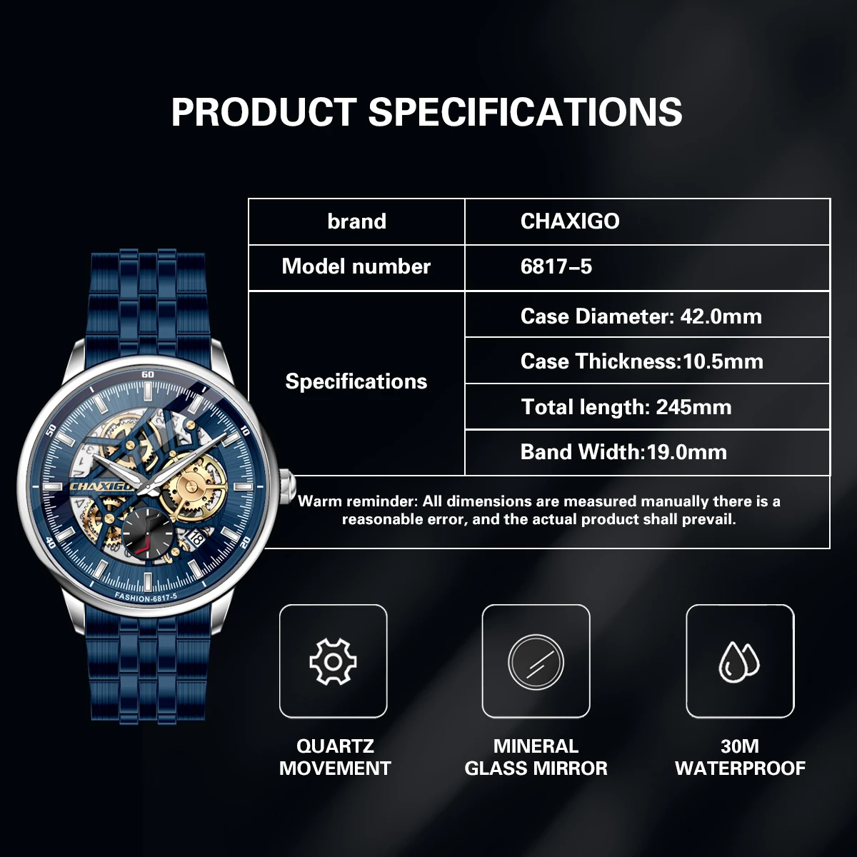 CHAXIGO Watch for Men Luxury Man Wristwatch Waterproof Luminous Stainless Steel Men's Quartz Watches Fashion Sport Watch Male