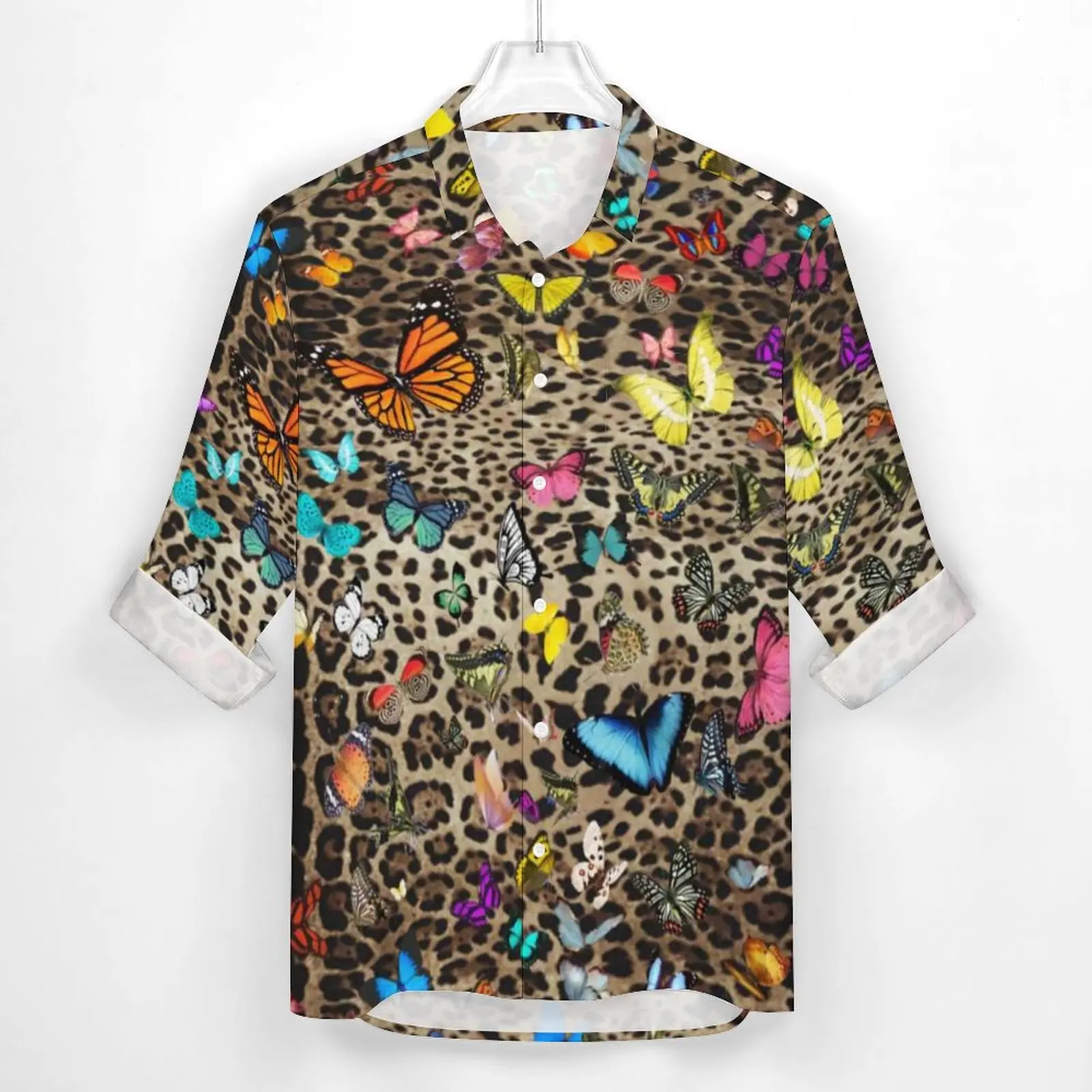 Leopard Butterfly Shirt Spring Animal Print Butterflies Casual Shirts Mens Loose Blouses Long Sleeve Custom Top Plus Size 4XL