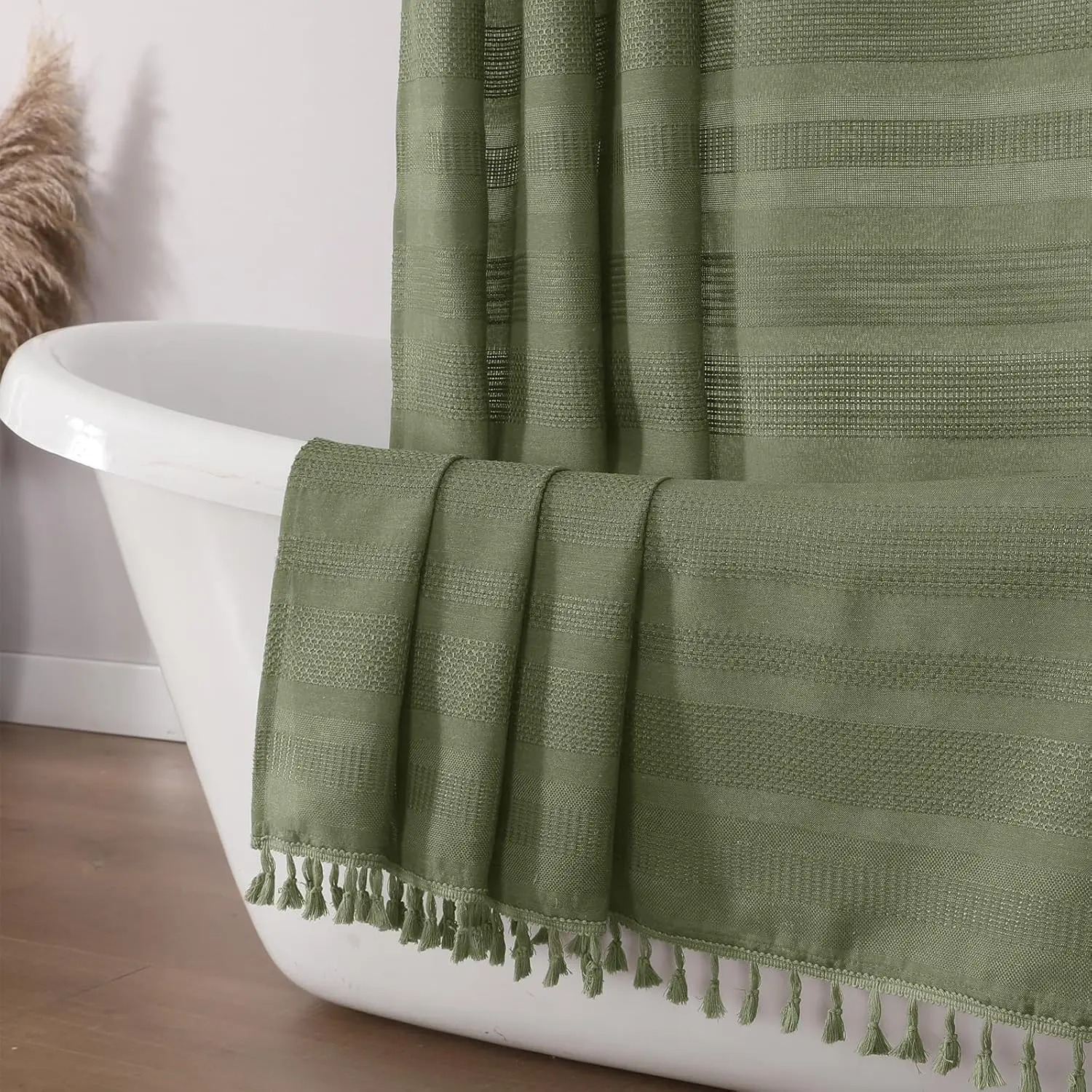 

Sage Green Shower Curtain for Bathroom, Boho Linen Textured with Tassel, Rustic Striped Heavy Duty Vintage 72x72 Inches