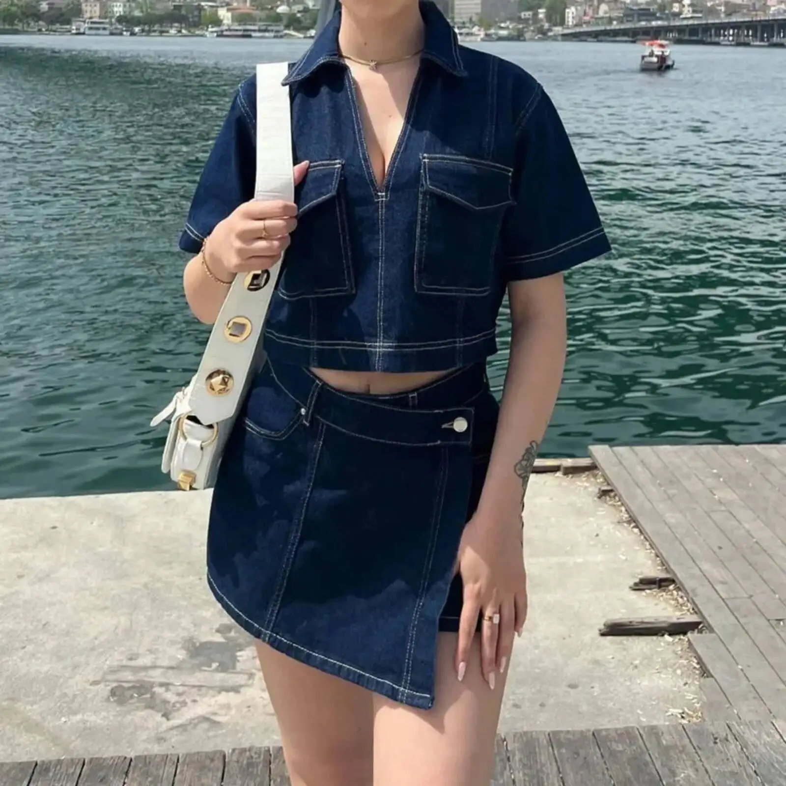 Women's 2 Piece Denim Outfits Set Short Sleeve Lapel Neck Cropped Jean Pullover Tops + Button High Waist Asymmetrical Shorts