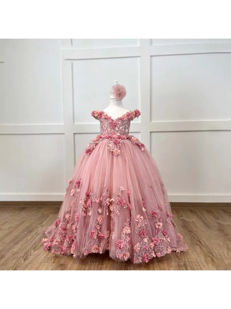 Pink Flower Girl Dress For Wedding 3D Applique Tulle V-neck Ball Gown Princess Luxury Kids Birthday Evening Party Dress