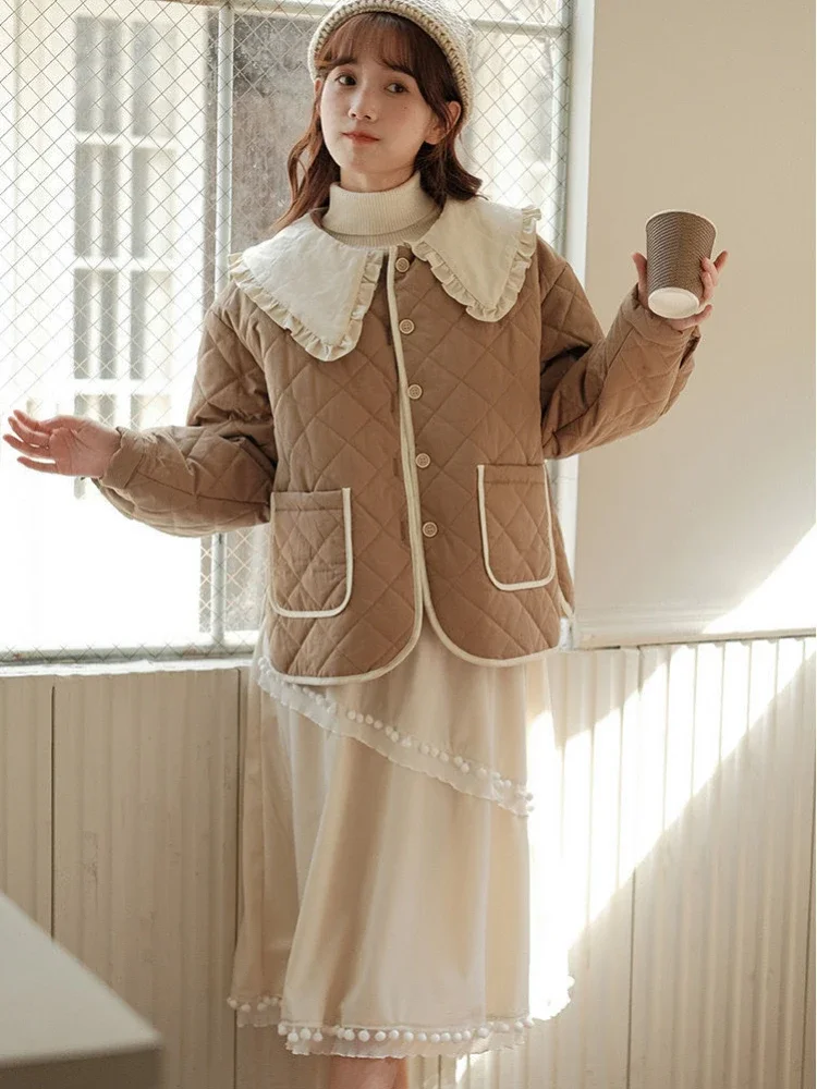 Vintage Cotton Padded Jacket Women Japanese Ruffled Peter Pan Collar Lolita Parka Winter Warm Tops Patchwork Quilted Coat