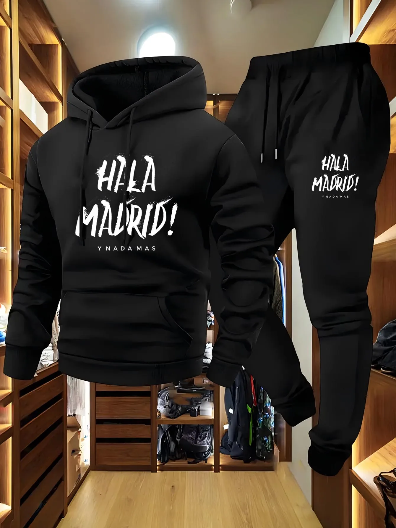 

Мужская толстовка с графическим принтом Hala Madrid и комплект для бега, повседневный свободный крой, вязаный пуловер из полиэстера с эластичным материалом