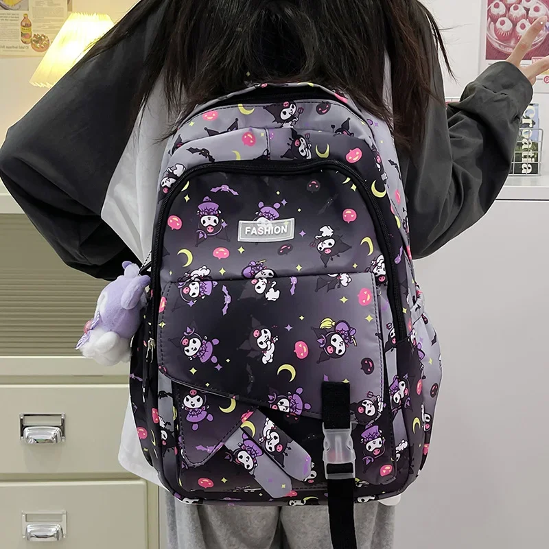 Sanrio Kulomi mochila escolar de tela con estampado coreano para estudiantes, mochila de gran capacidad con dibujos animados