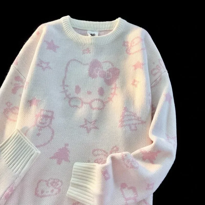 Kawaii Hello Kitty Sweter Kurtka studencka Jesień i zima Średniej długości Luźny kardigan z okrągłym dekoltem Żakardowe akcesoria Top