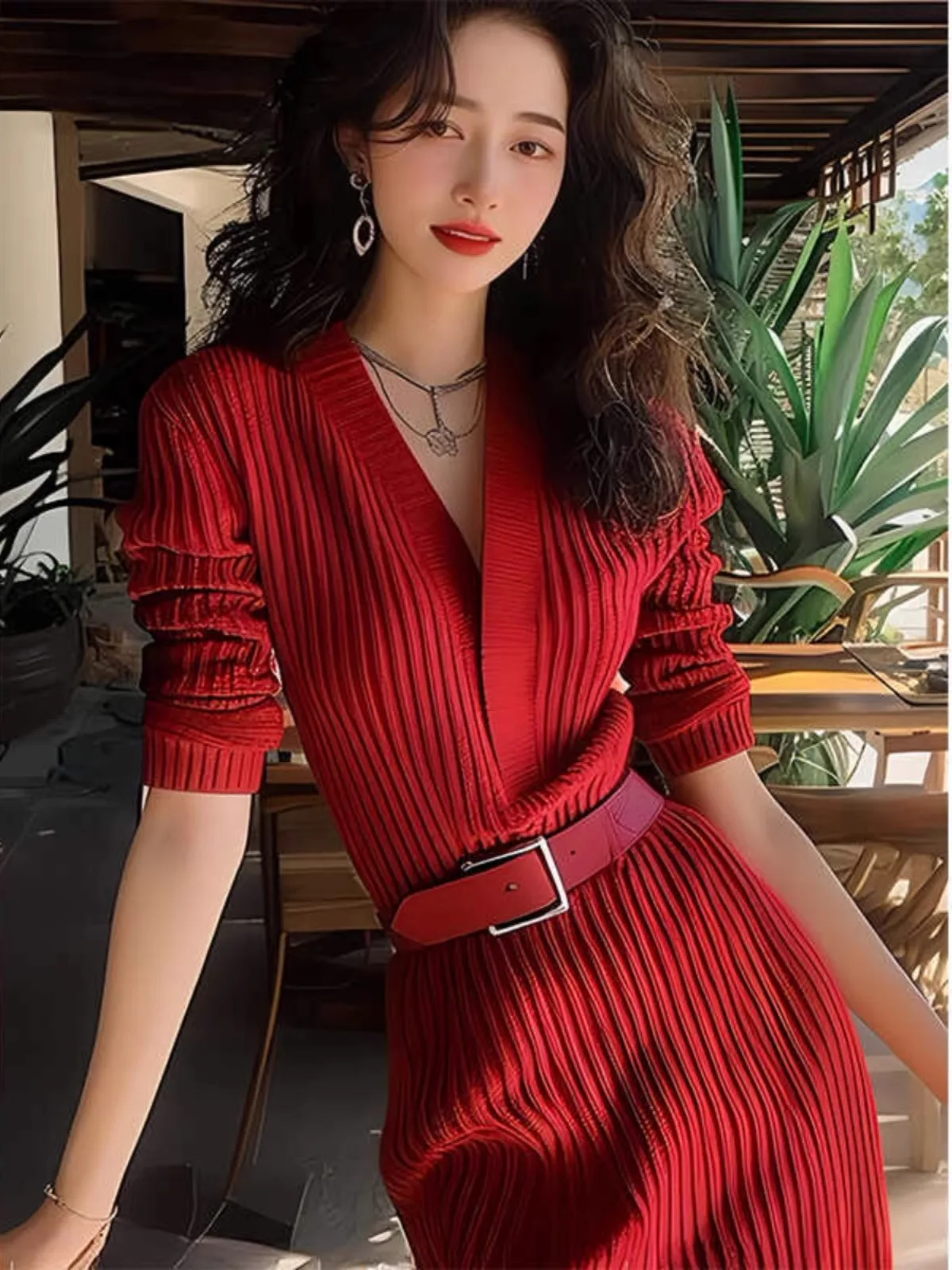 Red Knitted Dress For Women 2024 Autumn/Winter New Style High End V-Neck Slimming Unique Temperament Long Dress