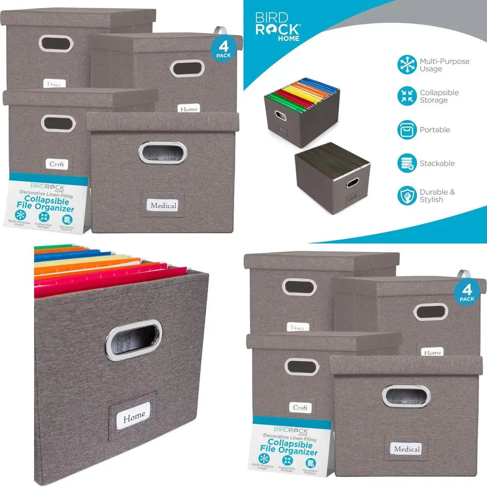 

Grey 4-Pack Collapsible Storage Bins with Lid - Linen Fabric Office Box for Letter/Legal Files and Home Office Supplies